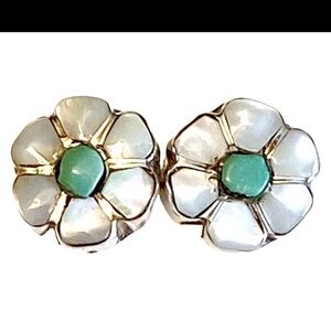Native American Vintage MOP Turquoise Flower Stud Earrings 925 Sterling Silver